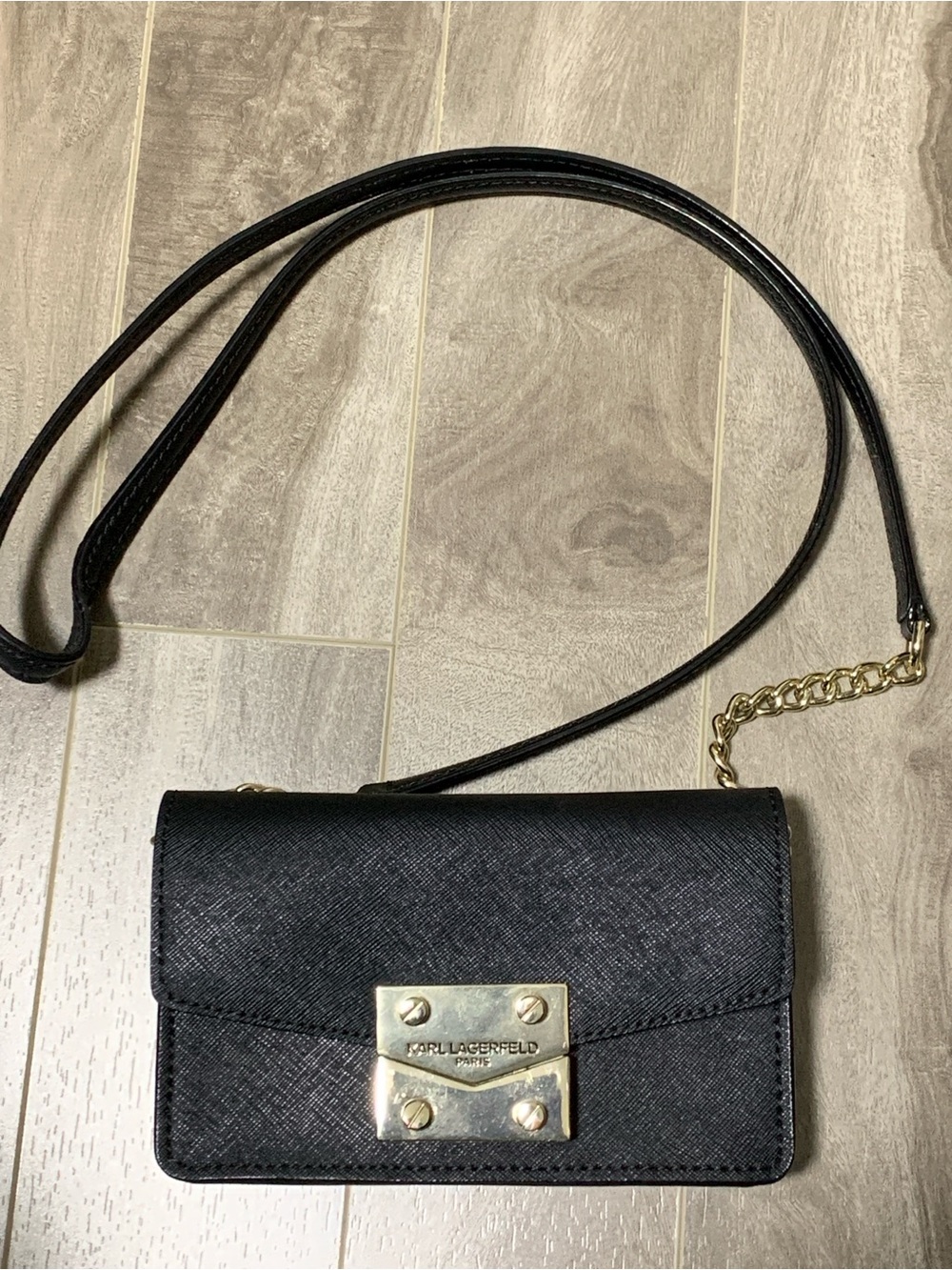 Authentic Karl Lagerfeld Paris Corrine Saffiano Leather Crossbody (Black w/gold)